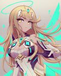  1girl 1girl alluring bare_shoulders big_breasts blonde_hair chest_jewel cleavage cleavage_cutout clothing_cutout dress earrings elbow_gloves enni gloves high_res jewelry long_hair mythra short_dress swept_bangs tiara very_long_hair white_dress white_gloves xenoblade_(series) xenoblade_chronicles_2 yellow_eyes 