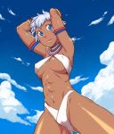 1girl abs armlet armpits arms_behind_head arms_up bad_id bikini blue_eyes blue_hair blue_sky bracelet breasts cameltoe capcom cloud cloudy_sky covered_nipples criss-cross_halter dark_skin elena_(street_fighter) erect_nipples fat_mons halter_top halterneck highleg highleg_bikini highleg_swimsuit jewelry lips lots_of_jewelry navel neck_ring short_hair sky smile solo street_fighter street_fighter_iii street_fighter_iv swimsuit thighs tsukudani_(coke-buta) ultra_street_fighter_iv underboob white_bikini white_hair white_swimsuit