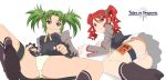  2girls ass bad_id blush boots copyright_name droite droite_(tales) gauche gauche_(tales) green_eyes green_hair knee_boots legs long_legs multiple_girls panties red_eyes red_hair rutarou sisters skirt skirt_lift spread_legs tales_of_(series) tales_of_vesperia thighs title_drop twintails underwear 