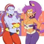  2_girls 2girls angry bandanna blue_eyes breasts cleavage clothes_swap costume_swap costume_switch dark-skinned_female dark_skin earrings hair_ornament half-closed_eyes jinu large_breasts multiple_girls open_mouth pointy_ears ponytail purple_hair purple_skin red_eyes risky_boots shantae shantae_(character) shiny_clothes smug text 
