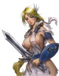 1girl alluring armor armored_dress blonde_hair blue_eyes blush braid breasts cleavage large_breasts long_hair neongun nipple_slip nipples project_soul revealing_clothes see-through shield sophitia_alexandra soul_calibur soul_calibur_ii soul_calibur_iii soul_calibur_iv soulcalibur soulcalibur_iv sword tears torn_clothes weapon white_background