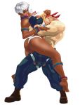  1boy 1girl alex_(street_fighter) anklet armlet ass bearhug bikini blonde_hair blue_eyes boots bracelet breasts capcom cleavage dark_skin elena_(street_fighter) fingerless_gloves gloves heavy_breathing jewelry johnrokk large_breasts lifting long_hair muscle neck_ring one_eye_closed overalls shirtless short_hair soles street_fighter street_fighter_iii sweat swimsuit thick_thighs thighs tongue tongue_out white_hair wink 