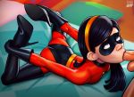  1boy 1girl ass black_hair blue_eyes bodysuit brunette clothed erection feet_up fellatio female high_heels indoors long_black_hair long_hair male male/female male_human oral oral_sex penis penis_in_mouth pumpkinsinclair the_incredibles violet_parr 