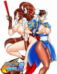  2girls blush bracelet breasts brown_hair bun_cover capcom capcom_vs_snk capcom_vs_snk_2 china_dress chinese_clothes chun-li closed_fan double_bun double_buns dress fan fatal_fury fingerless_gloves folding_fan gloves jewelry king_of_fighters large_breasts loincloth long_hair mai_shiranui multiple_girls open_clothes open_shirt pantyhose pelvic_curtain ponytail rope shiranui_mai shirt snk spiked_bracelet spikes street_fighter the_king_of_fighters very_long_hair 