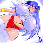 1girl amano_taiki bad_id big_breasts blue_hair blush breasts curvy erect_nipples gigantic_breasts hand_in_panties hips huge_breasts large_breasts masturbation midriff navel nt-tan os os-tan panties see-through shi_osuta_ooyake shorts skin_tight solo stockings sweat thick_thighs thighhighs thighs underwear wide_hips
