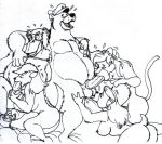  2boys 3_girls 3girls baloo character_request fellatio group_sex louie monochrome oral rebecca_cunningham talespin wolfwood 