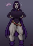  1girl 1girl 1girl big_breasts boots breasts cape dc_comics english_text female_focus female_only grabbing_own_breast leotard lipstick muscular_legs purple_eyes purple_hair purple_lipstick raiounsfw raven_(dc) short_hair standing teen_titans text thick_thighs 