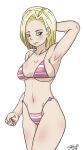  1girl 1girl 1girl android android_18 bikini bikini_top blue_eyes breasts clavicle cleavage dragon_ball dragon_ball_super dragon_ball_z female_only female_solo full_color high_resolution medium_breasts simple_background smile steca swimsuit thelazyart white_background 