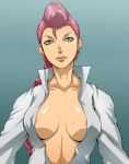  1girl areola areolae baanin breasts capcom crimson_viper erect_nipples green_eyes hair lipstick miyabi_maou nipples open_clothes open_shirt pink_hair pompadour shirt solo street_fighter street_fighter_iv sweat 