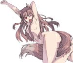  1girl ;o animal_ears armpits brown_hair hand_behind_head holo horo koma_(artist) long_hair nude one_eye_closed red_eyes solo spice_and_wolf tail wink yawn yawning 