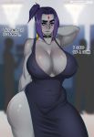 1girl big_breasts breasts cleavage clothed dc_comics dress female female_only forehead_jewel foxicube half_demon looking_at_viewer nipples nipples_visible_through_clothing pale-skinned_female purple_eyes purple_hair raven_(dc) short_hair solo_female solo_focus standing superheroine teen_titans thick_thighs