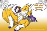  1_anthro 1_female 1_female_anthro 1_girl 2007 3_fingers 3_toes anthro anthro_canine anthro_fox anthro_vixen arm_warmers blue_eyes breasts canine detached_sleeves digimon english_text female female_anthro female_anthro_fox female_renamon fox fur furry inviting labia looking_at_viewer nipples nude presenting pussy renamon sitting solo speech_bubble spread_legs spreading tail text toei_animation vixen white_fur yellow_fur yiffmasters yin_yang 