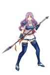  1girl armor armored_dress blue_footwear blue_skirt boots cirenk dress female_solo fire_emblem fire_emblem:_rekka_no_ken fire_emblem:_the_blazing_blade fire_emblem_blazing_sword florina florina_(fire_emblem) full_body green_eyes holding holding_spear holding_weapon lavender_hair long_hair looking_at_viewer nintendo pegasus_knight pleated_skirt simple_background skirt standing stockings thigh_high_boots weapon white_background white_dress 