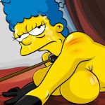 big_breasts blue_hair collar gloves marge_simpson the_simpsons yellow_skin