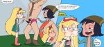 1boy 2_girls black_hair blonde_hair blue_eyes brown_eyes cum cum_in_mouth cum_on_face fellatio janna_ordonia oral penis penis_in_mouth star_butterfly star_vs_the_forces_of_evil sunnie_(artist)