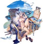  1girl ahoge atago_(azur_lane) azur_lane bare_shoulders barefoot beach big_breasts black_choker boat braid breasts bucket cameo canvas_(object) chair choker clavicle eyewear_on_head feet female footwear_removed fox_mask fox_tail high_resolution knee_up liduke long_hair looking_at_viewer mask mask_on_head nail_polish navel nipples nude_filter paint pussy sand sandals silver_hair sitting skindentation stomach sunglasses tail thigh_strap thighs third-party_edit tied_hair tosa_(azur_lane) tosa_(hometown_zest)_(azur_lane) transparent_background turret uncensored very_long_hair viewed_from_above watercraft 
