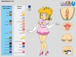  1girl 1girl 1girl blonde_hair blue_eyes breasts character_sheet clitoris earrings eyebrows eyelashes female_focus female_only hair high_heels lips lipstick logo looking_at_viewer model_sheet nintendo nipples open_mouth ponytail pose princess_peach pussy pussy reference royalty sakusakupanic short_skirt smile solo_focus super_mario_bros. web_address 