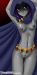  1girl 2008 belt blue_eyes breasts cape dc dc_comics dcau female female_only gradient_background hood john_joseco nipples nude purple_hair pussy raven_(dc) red_background solo teen_titans thong-revolution uncensored 