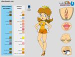  1girl 1girl 1girl areola areola breasts brown_hair character_sheet crown earrings eyebrows eyelashes female_focus female_only hair hand_on_hip hand_on_hips high_heels legs lips lipstick looking_at_viewer model_sheet nintendo nipples open_mouth princess_daisy pussy pussy royalty sakusakupanic short_hair shorts solo_focus super_mario_bros. tongue 