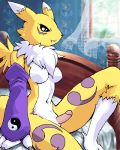  3_fingers alternate_version_available anthro anthro_canine anthro_fox arm_warmers bed bedroom breasts canine detached_sleeves digimon erection fox fur furry futanari g-sun indoor looking_at_viewer nude penis renamon sitting solo tail toei_animation white_fur window yellow_fur yin_yang 