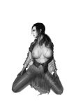  1girl black_hair breasts full_body highres kneeling large_breasts long_hair looking_away makeup metal_gear metal_gear_(series) metal_gear_solid metal_gear_solid_4 monochrome naomi_hunter navel nipples open_clothes ponytail profile realistic simple_background solo thighhighs topless white_background 