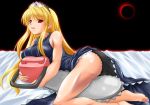  1girl ass barefoot black_panties blonde_hair breast_press breasts cameltoe chainsaw clothed crown dress feet female female_only hat hime hime_(kaibutsu_oujo) huge_breasts kaibutsu_oujo large_breasts lilianne maho_(yakimorokoshi) mashuu monster_princess moon panties princess_resurrection red_eyes solo underwear upskirt 