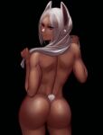  1girl 1girl animal_ear_fluff animal_ears ass ass_focus back bangs black_background bunny_ears bunny_tail cowboy_shot dark_skin eyebrows_visible_through_hair eyes_visible_through_hair from_behind high_resolution holding holding_towel long_hair looking_at_viewer mirko miruko_(boku_no_hero_academia) muscle my_hero_academia nude parted_bangs red_eyes shiny shiny_skin silver_hair simple_background smirk tail tanned thighs toned towel towel_around_neck usagiyama_rumi very_high_resolution zaki_(zaki_btw) 