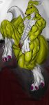  1girl 3_fingers 3_toes anthro anthro_canine anthro_fox artist_name canine clitoris digimon fox fur furry green_eyes labia muscles nipple nude one_leg_up presenting pussy renamon solo spreading standing tail toei_animation white_fur yellow_fur 