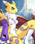  1_anthro 1_female 1_female_anthro 1_girl anthro anthro_canine anthro_fox anthro_vixen arm_warmers bed bedroom blue_eyes breasts canine detached_sleeves digimon featureless_crotch female female_anthro female_anthro_fox female_renamon fox fur furry g-sun indoor looking_at_viewer nude one_leg_up renamon sitting smile solo tail toei_animation vixen white_fur window yellow_fur yin_yang 