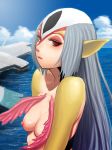  1girl bad_id blue_submarine_no._6 blue_submarine_no_6 breasts grey_hair kizen long_hair monster_girl mutio nipples nude ocean pointy_ears red_eyes sky solo synecdoche water 