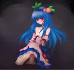 1boy 1girl bad_id blood blue_hair censored female flat_chested food fruit hat hinanawi_tenshi long_hair peach penis pussy red_eyes sex small_breasts tenshi_hinanai torn_clothes touhou vaginal virgin