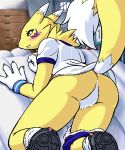  1_anthro 1_female 1_female_anthro 1_girl 4_fingers all_fours anthro anthro_canine anthro_fox anthro_vixen ass_up bent_over blush bottomless butt canine cushion digimon featureless_crotch female female_anthro female_anthro_fox female_renamon fox fur furry g-sun gym inviting looking_at_viewer looking_back lying panties_around_one_leg pants pants_down presenting pubic_tuft raised_tail renamon school_uniform schoolgirl shoes smile socks solo tail toei_animation vixen white_fur wristband yellow_fur 
