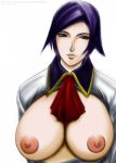  1girl blue_eyes breasts elisabeth_blanctorche elizabeth_blanchtorche hair huge_breasts king_of_fighters lipstick lucretia nipples open_clothes open_shirt purple_hair shirt short_hair snk solo the_king_of_fighters 