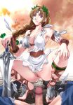 1girl alluring blue_eyes bottomless breasts brown_hair censored erection high_heels kilik long_hair msize no_panties penis pussy shoes smile solo_focus sophitia_alexandra soul_calibur soul_calibur_ii soul_calibur_iii soulcalibur squatting sword torn_clothes weapon