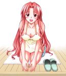  1girl apron artist_request blush breasts brown_eyes chizuru_naba cleavage large_breasts long_hair looking_at_viewer mahou_sensei_negima! mole naba_chizuru naked_apron negima red_hair seiza sitting slippers solo 