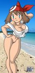 1girl 2008 alluring arm arm_up arms art babe bandana bandanna bare_legs bare_shoulders beach big_breasts blue_eyes blush blush_stickers bottomless breasts brown_hair cleavage contrapposto hairless_pussy hand_on_hip haruka_(pokemon) kageta lake_art legs looking_at_viewer may naked_from_the_waist_down navel neck nintendo off-shoulder_shirt outside pokemon pokemon_(anime) pokemon_(game) pokemon_rse pose pussy sakaki_(artist) sand sexy shirt short_hair shy sky source_request standing uncensored water white_shirt