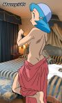  1girl :o aqua_hair arm art babe back bare_back bare_shoulders barefoot bed blue_eyes breasts butt_crack crystal_(pokemon) indoors kageta kris_(pokemon) lake_art legs light_blue_hair looking_at_viewer looking_back looking_to_the_side marina_(pokemon) maveryck85 nintendo pokemon pokemon_(anime) pokemon_(game) pokemon_gsc sakaki_(artist) sarong short_hair sideboob standing standing_on_one_leg topless 