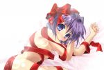  1girl blue_eyes blush clannad fujibayashi_ryou lying naked_ribbon on_side purple_hair ribbon ryou_fujibayashi solo yuizaki_hizumi 