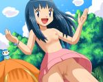  1girl :d arm arms art babe bare_arms bare_legs bare_shoulders blue_eyes blue_hair bracelet breasts cloud dawn dutch_angle erect_nipples from_below hairless_pussy hikari_(pokemon) legs long_hair looking_at_viewer nintendo nipples no_panties open_mouth outside pink_skirt piplup pokemoa pokemon pokemon_(anime) pokemon_(game) pokemon_dppt pussy sitting skirt sky small_breasts smile soara sparkle standing tent topless tree uncensored upskirt 