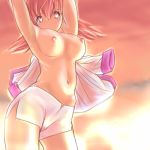  1girl akane_(pokemon) arm armpits arms arms_up art babe bare_arms big_breasts breasts cameltoe erect_nipples from_below gym_leader large_breasts looking_at_viewer looking_down low_twintails lowres navel nintendo nipples otsukare pink_eyes pink_hair pokemon pokemon_(anime) pokemon_(game) pokemon_gsc pokemon_hgss short_hair shorts side_slit sky solo standing sunset topless twintails undressing white_shorts whitney 