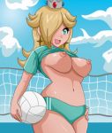  beach big_breasts blonde_hair blue_eyes breasts breasts_outside clouds crown earrings hair_over_one_eye hand_on_hip happy long_hair looking_at_viewer mouth_open nintendo nipples princess_rosalina rosalina shablagooo shirt_up shorts sky volleyball 