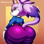 1girl ai_generated anthro ass big_ass blaze_the_cat blue_suit booty dat_ass dipstick_tail domestic_cat feline felis female forehead_jewel furry hair_tie jewel mammal mobians.ai purple_fur purple_hair purple_pants sega solo sonic_the_hedgehog_(series) thicc thick_ass thick_butt yellow_eyes