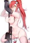 1girl anti-materiel_rifle areola armpits between_breasts big_breasts blush breasts bullet gloves gun hair_ornament hair_stick hairpin high_resolution jewelry kneel long_hair looking_at_viewer mouth_hold navel nipples nude pink_legwear pixiv_id_12065634 ponytail pussy red_hair rifle scarf shiny shiny_skin simple_background single_glove skull_hair_ornament sniper_rifle stockings studded_bracelet tengen_toppa_gurren-lagann tied_hair topless uncensored weapon white_background yellow_eyes yoko_littner yuu-kun_(linke_hand)