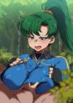  1boy 1girl angry big_breasts breasts clothed clothed_female clothing earrings female_focus fire_emblem fire_emblem:_the_blazing_blade forest green_eyes green_hair high_res jcm2 long_hair lyn_(fire_emblem) lyndis_(fire_emblem) male male/female mature mature_female nintendo nipple_bulge nipples open_mouth outercourse outside paizuri paizuri_under_clothes penis ponytail pubic_hair sweat tagme torn_clothes video_game_character video_game_franchise 