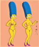  1girl blue_hair breasts cameltoe erect_nipples high_heels low_resolution marge_simpson micro_bikini nipples on/off orange_background purple_bikini shaved_pussy simple_background solo the_simpsons thighs topless undressing yellow_skin 