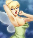  1girl amberfawn armpits bare_arms big_areola big_breasts blonde blonde_hair blue_eyes breasts disney dress erect_nipples exposed_breasts fairy fairy_wings female female_only green_dress nipples open_mouth partially_clothed peter_pan puffy_nipples solo tinker_bell 