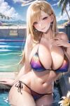  1girl 2020s 2023 ai_art_panwho alluring bangs big_breasts bikini blonde_female blonde_hair blonde_hair_female blue_sky breasts clothed_female covered_nipples curvy_female curvy_figure earrings female female_focus female_only halo hand_on_breast high_resolution kitagawa_marin leaning leaning_on_elbow leaning_to_the_side long_blonde_hair long_hair long_hair_female looking_at_viewer navel nipple_bulge nipple_outline nipples_bulge outside pink_eyes pool poolside purple_eyes rainbow_bikini smile sole_female solo solo_female sono_bisque_doll_wa_koi_wo_suru standing_in_water swimming_pool swimsuit swimwear wet wet_skin wet_swimsuit 