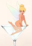  1girl 34no404 angry blonde_hair blue_eyes champagne_glass curvy disney disney_fairies looking_at_viewer nipples nude peter_pan pointy_ears small_breasts tinker_bell wide_hips wings 