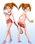  1girl ace_(mario) ass blue_eyes brown_hair female_focus mario_tennis miniskirt navel nintendo nipples one_eye_closed racket reit seductive_smile shirt_lift simple_background skirt_pull small_breasts tennis_ball twin_tails white_background younger_female 