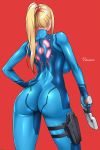  1girl artist_name ass backboob big_breasts blonde_hair bodysuit breasts butt_crack curvy dat_ass english_text female_focus gun high_ponytail hip_focus holding_weapon holster huge_ass long_hair metroid nintendo onomeshin ponytail pouch red_background samus_aran simple_background skin_tight standing thick_thighs thigh_holster thighs tied_hair weapon wide_hips zero_suit 